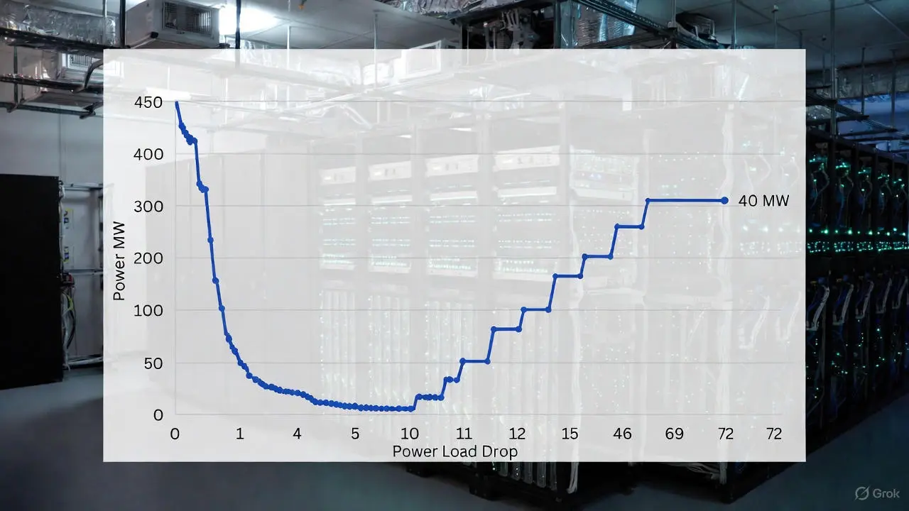 AI Data Center Ramp: Power drops from 450 MW to 40 MW in 36 seconds, with phased Load Bank Counter-Ramp response stabilizing the grid impact. Graph shows time (0–72 sec) on x-axis and power level (0–450 MW) on y-axis.